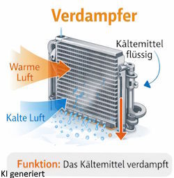 Die Abbildung zeigt die Funktionsweise eines Verdampfers in einer Kfz-Klimaanlage. Warme, feuchte Luft strömt durch den Verdampfer und wird durch das verdampfende Kältemittel abgekühlt. Dabei kann die Lufttemperatur unter den Taupunkt sinken, sodass Wasserdampf an den kalten Verdampferoberflächen kondensiert und als Kondenswasser abläuft.Die entstehende Feuchtigkeit kann in Verbindung mit Staub und organischen Ablagerungen das Wachstum von Bakterien und Schimmelpilzen begünstigen. Diese Mikroorganismen können geruchsintensive Stoffwechselprodukte (MVOC) bilden, die über die Lüftung in den Fahrzeuginnenraum gelangen. Verdampfer einer Kfz-Klimaanlage: Warme Luft wird abgekühlt, Luftfeuchtigkeit kondensiert am Verdampfer und kann die Entstehung unangenehmer Gerüche begünstigen.