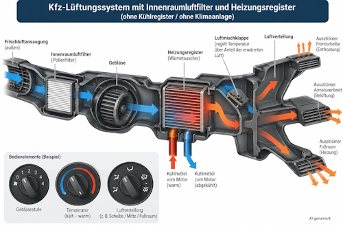 Die Abbildung zeigt den Aufbau und die Funktionsweise eines Kfz-Lüftungssystems ohne Klimaanlage. Die angesaugte Außenluft strömt zunächst durch den Innenraumluftfilter (Pollenfilter) und wird anschließend vom Gebläse durch das Lüftungssystem gefördert. Über das Heizungsregister und die Luftmischklappe wird die gewünschte Lufttemperatur eingestellt. Anschließend gelangt die Luft über die Lüftungskanäle zur Frontscheibe, zum Armaturenbrett oder in den Fußraum.Da das System keinen Klimaanlagenverdampfer (Kühlregister) besitzt, erfolgt keine aktive Kühlung oder klimabedingte Entfeuchtung der angesaugten Luft. Schematische Darstellung eines Kfz-Lüftungssystems ohne Klimaanlage mit Frischluftansaugung, Innenraumluftfilter, Gebläse, Heizungsregister und Luftverteilung.