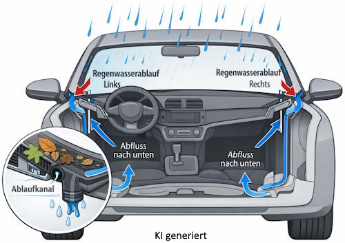 Die Abbildung zeigt, wie verstopfte Regenwasserabläufe im Bereich des Wasserkastens unterhalb der Windschutzscheibe zu Feuchtigkeit und unangenehmem Modergeruch im Auto führen können.Laub, Schmutz und andere Ablagerungen können die Wasserabläufe blockieren. Dadurch staut sich Regenwasser und kann bei undichten Übergängen oder Dichtungen in den Fahrzeuginnenraum eindringen.Durchfeuchtete Teppiche, Dämmmaterialien und Bodenverkleidungen bieten günstige Bedingungen für das Wachstum von Bakterien und Schimmelpilzen. Diese können geruchsintensive Stoffwechselprodukte (MVOC) freisetzen und einen anhaltenden muffigen oder modrigen Geruch verursachen.Für eine dauerhafte Geruchsbeseitigung müssen die verstopften Regenwasserabläufe gereinigt, mögliche Undichtigkeiten beseitigt und durchfeuchtete Materialien vollständig getrocknet oder gegebenenfalls ausgetauscht werden. Modergeruch im Auto durch verstopfte Regenwasserabläufe. Laub und Schmutz behindern den Wasserabfluss und können Feuchtigkeit im Fahrzeuginnenraum verursachen.